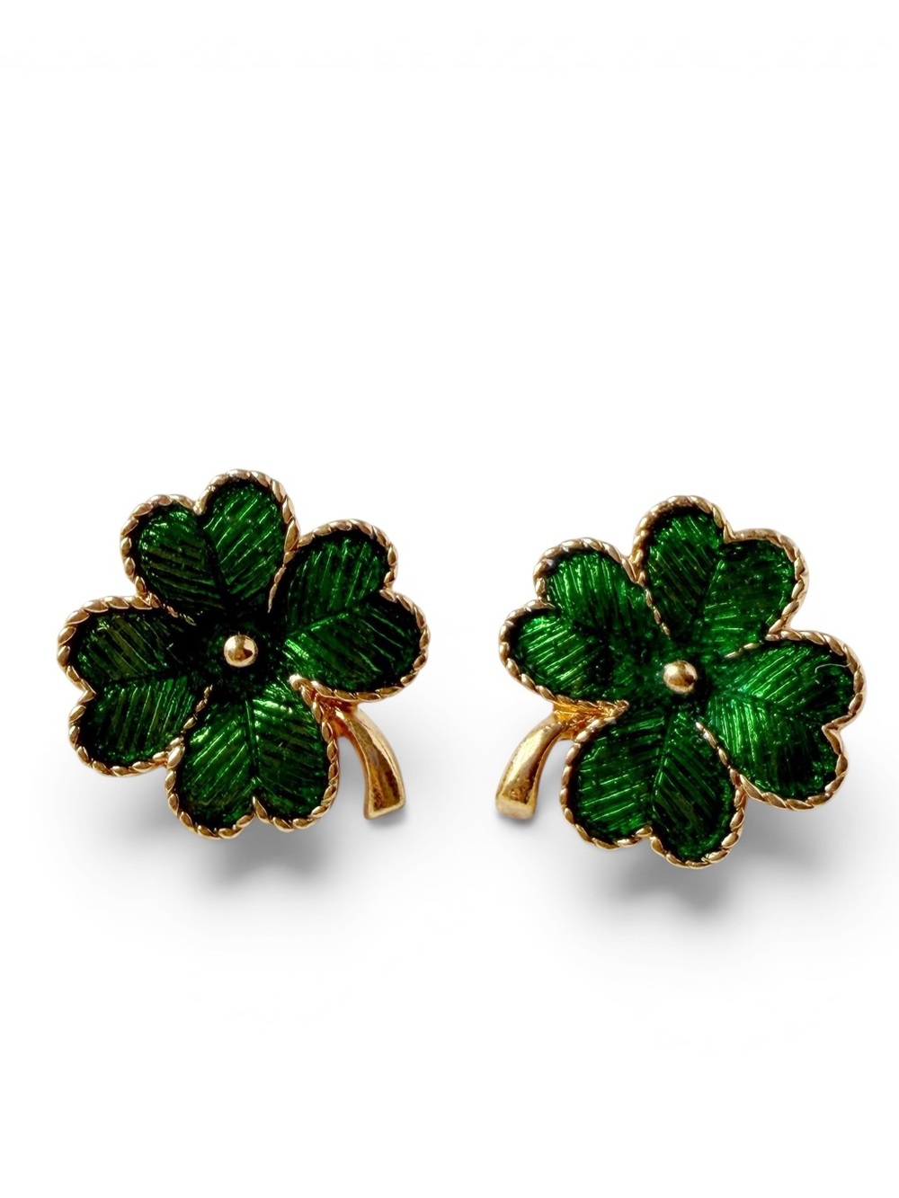 Vintage Avon Signed Green Enamel Shamrock Goldtone Stud Earrings